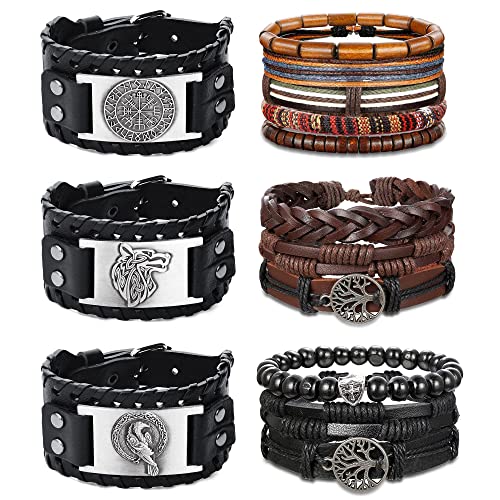 Adramata 14Pcs Armband Herren Leder Wikinger Armband Herren Punk Armband Vintage Gothic Wolf Baum des Lebens Armbänder Männer Wikinger Schmuck Set Lederarmband Herren Damen von Adramata