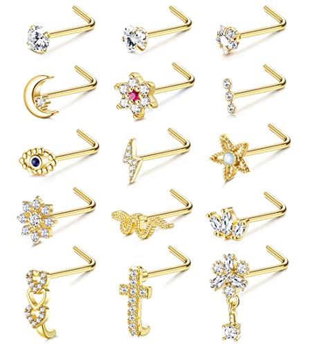 Adramata 15 Pcs 20G Nasenpiercing Stecker Nasenring für Damen Herren Chirurgenstahl Nasenpiercing L/Schraube Geformt Nasenstecker Schlange Blume Silber Gold Nasenstecker Nasenpiercing Schmuck von Adramata