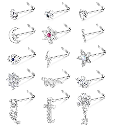 Adramata 15 Pcs 20G Nasenpiercing Stecker Nasenring für Damen Herren Chirurgenstahl Nasenpiercing L/Schraube Geformt Nasenstecker Schlange Blume Silber Gold Nasenstecker Nasenpiercing Schmuck von Adramata