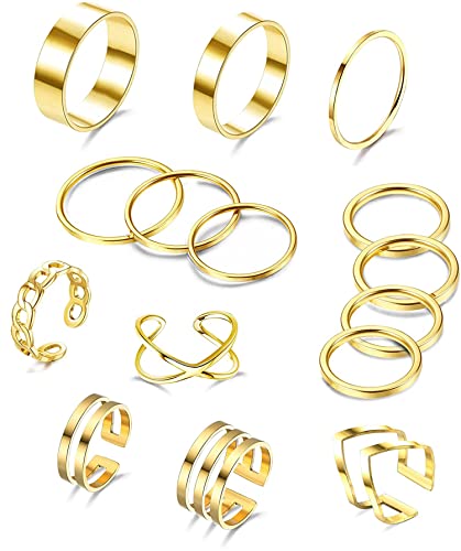 Adramata 15 Stück Knöchel Ringe Set für Damen Edelstahl Ring Stapelbare Silber/Gold Ringe für Frauen Trendy Stapelringe Set Einfache Plain Band Ringe,G von Adramata