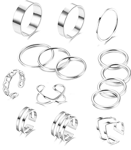 Adramata 15 Stück Knöchel Ringe Set für Damen Edelstahl Ring Stapelbare Silber/Gold Ringe für Frauen Trendy Stapelringe Set Einfache Plain Band Ringe,S von Adramata