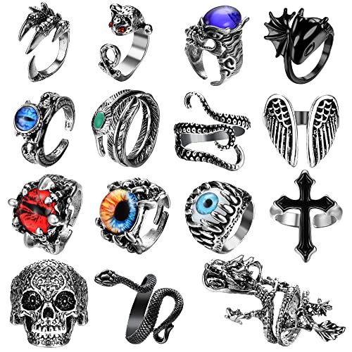 Adramata 15 Stück Vintage Punk Ring für Herren Damen Gothic Ring Oktopus Schlange Drache Verstellbar Offene Ring Set Fingerknöchel Stapelring Fingerringe von Adramata