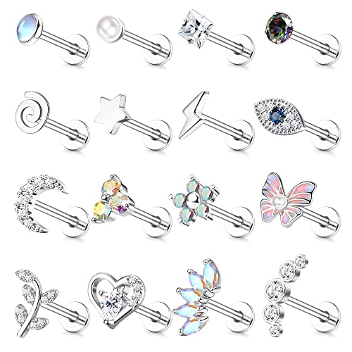 Adramata 16 Pcs 16G Helix Piercings Chirurgenstahl Ohrringe Piercing Schmetterling Blume Conch Piercing Ohrringe Ohrstecker Knorpel Ohrringe Set Silber Gold Helix Tragus Piercing Ohr für Damen von Adramata