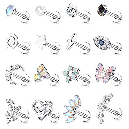 Adramata 16 Pcs 16G Helix Piercings Chirurgenstahl Ohrringe Piercing Schmetterling Blume Conch Piercing Ohrringe Ohrstecker Knorpel Ohrringe Set Silber Gold Helix Tragus Piercing Ohr für Damen von Adramata