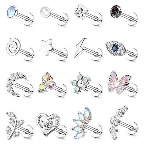 Adramata 16 Pcs 16G Helix Piercing Set - Chirurgenstahl Ohrringe Mit Schmetterling Und Blume - Conch, Knorpel, Tragus Ohrstecker Für Damen - Silber Und Gold von Adramata