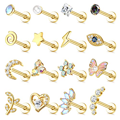 Adramata 16 Pcs 16G Helix Piercings Chirurgenstahl Ohrringe Piercing Schmetterling Blume Conch Piercing Ohrringe Ohrstecker Knorpel Ohrringe Set Silber Gold Helix Tragus Piercing Ohr für Damen von Adramata