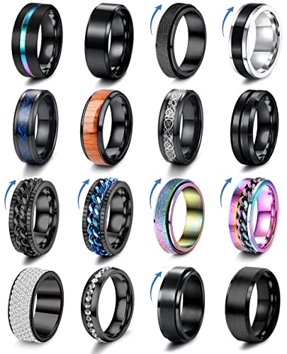 Adramata 16 Stück Angst Ring für Herren Edelstahl Schwarz Fidget Ringe Band Spinner Ringe Set für Hochzeitsversprechen 6/8 mm breit Größe 7-12 von Adramata