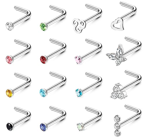 Adramata 16 Stück Nasenpiercing Stecker Chirurgenstahl 2MM Multicolor CZ Herz Nasenstecker Nostril Piercing für Damen Herren, Schraube/Gerade/L-förmiger Nasenpiercing Silber, 20G,L von Adramata