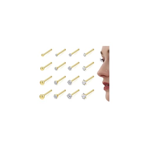 Adramata 16Pcs 20G Nasenpiercing Stecker 14 Karat Gold Gefüllte Nasenring Chirurgenstahl Nasenpiercing CZ Nostril Piercing Klein Nasenstecker Silber Gold Nasenpiercing Schmuck für Damen Herren von Adramata