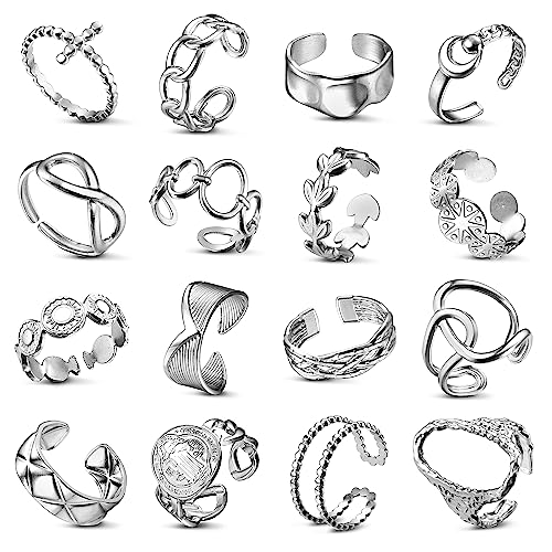 Adramata 16 Pcs Silber Ringe für Damen Edelstahl Ring Frauen Einfaches Blumen Herz Schmetterlingsring Ring Offene Verstellbare Ringe Set Stapelbare Punk Fingerring Boho Ringe Silber Daumenring Damen von Adramata