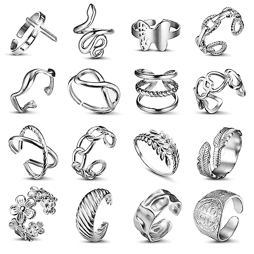 Adramata 16 Pcs Silber Ringe für Damen Edelstahl Ring Frauen Einfaches Blumen Herz Schmetterlingsring Ring Offene Verstellbare Ringe Set Stapelbare Punk Fingerring Boho Ringe Silber Daumenring Damen von Adramata