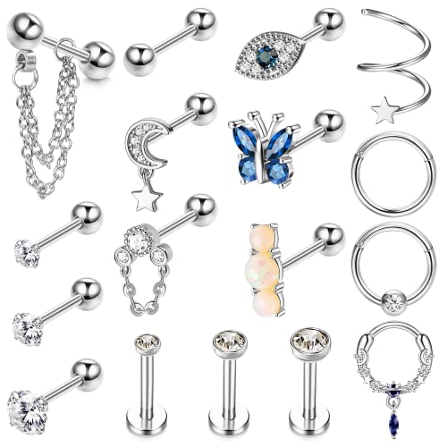 Adramata 17 Stück Helix Piercing Tragus Piercing Edelstahl Opal Evil Eye Schmetterling CZ Ohrstecker Knorpel Ohrringe Schmuck Set Conch Tragus Helix Piercing Ohr für Damen, 16G,S von Adramata