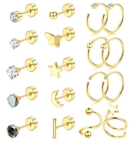 Adramata 18Pcs 20G Helix Piercing G23 Titan Ohrringe Piercing Conch Piercing Ohrringe Ohrstecker Hypoallergen Knorpel Ohrringe Set Silber Gold Helix Tragus Piercing Ohr für Damen Herren von Adramata