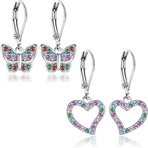 Adramata 2 Paar CZ Leverback Ohrringe für Damen Mädchen S925 Sterling Silber Post Kristall Schmetterling Herz Hebel Ohrringe Niedliche Stern-Ohrringe Turtle Dangle Ohrringe Set für Mädchen von Adramata