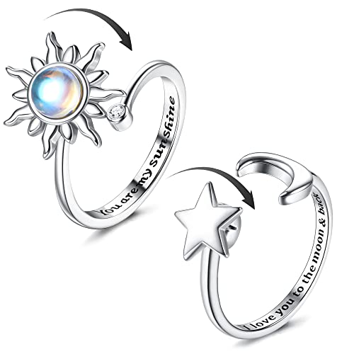 Adramata 2 Stück Silber Anxiety Ringe für Damen Sonnenblume Fidget Ring Achtsamkeitsring Angst Ring Mondstein Spinner Ringe Verstellbare Offene Anti Stress Ring für Damen von Adramata