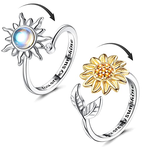 Adramata 2 Stück Silber Anxiety Ringe für Damen Sonnenblume Fidget Ring Achtsamkeitsring Angst Ring Mondstein Spinner Ringe Verstellbare Offene Anti Stress Ring für Damen von Adramata