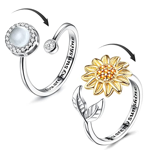 Adramata 2 Stück Silber Anxiety Ringe für Damen Sonnenblume Fidget Ring Achtsamkeitsring Angst Ring Mondstein Spinner Ringe Verstellbare Offene Anti Stress Ring für Damen von Adramata