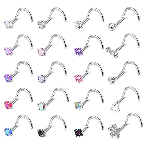 Adramata 20 Stück 20G Nasenstecker Chirurgischer Edelstahl Nasenpiercing Stecker Set Diamant Opal CZ Nasenpiercing Schmuck für Damen Herren Schraube/Gerade/L-förmige Nasenstecker Mehrfarbig,S von Adramata