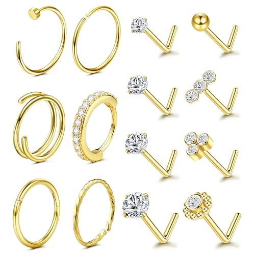Adramata 20G Nasenpiercing Stecker 14 Karat Gold Piercing Nase Chirurgenstahl Nasenring L-förmiger Nasenstecker Nostril Piercing für Damen Herren CZ Hypoallergene Nasenpiercing Schmuck (14 Stück),GD von Adramata