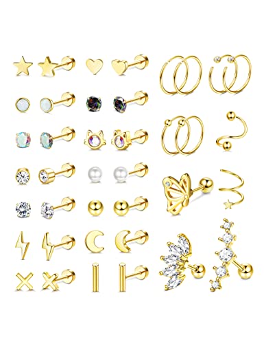 Adramata 20G Ohrringe für Damen Chirurgenstahl Ohrringe Ohrstecker Tragus Conch Knorpel Ohrringe Piercing Silber Gold Ohrringe Set Daith Tragus Helix Piercing Ohr Schmuck von Adramata