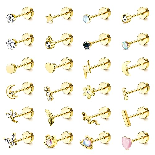 Adramata 24er Set Ohrringe Stecker für Damen - Helix, Tragus & Knorpel Piercings - Schmetterling & Blume Design - Edelstahl & Gold/Silber Ohrstecker von Adramata