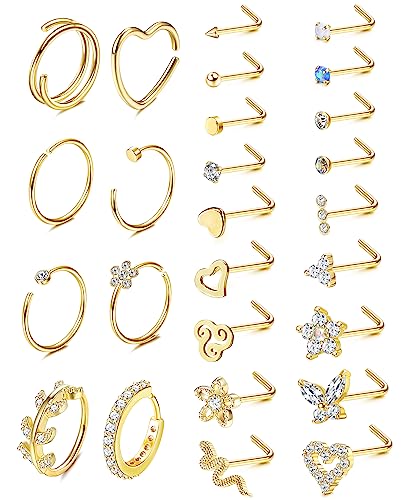 Adramata 26Pcs 20G Nasenpiercing Chirurgenstahl Nasenring Piercing Brillant Nasenstecker Schmetterling Schlangen Nostril Piercing Set Gold Silber Nasenstecker Nasenpiercing für Damen Herren von Adramata