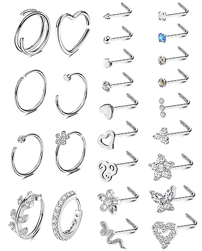 Adramata 26Pcs 20G Nasenpiercing Chirurgenstahl Nasenring Piercing Brillant Nasenstecker Schmetterling Schlangen Nostril Piercing Set Gold Silber Nasenstecker Nasenpiercing für Damen Herren von Adramata