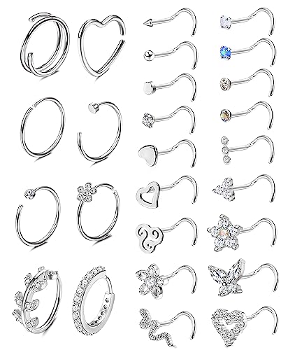 Adramata 26Pcs 20G Nasenpiercing Chirurgenstahl Nasenring Piercing Brillant Nasenstecker Schmetterling Schlangen Nostril Piercing Set Gold Silber Nasenstecker Nasenpiercing für Damen Herren von Adramata