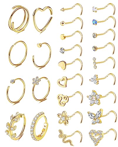 Adramata 26Pcs 20G Nasenpiercing Chirurgenstahl Nasenring Piercing Brillant Nasenstecker Schmetterling Schlangen Nostril Piercing Set Gold Silber Nasenstecker Nasenpiercing für Damen Herren von Adramata