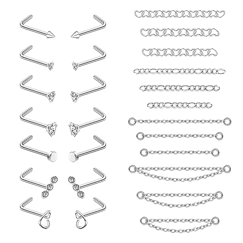 Adramata 26Pcs 20G Nasenpiercing Stecker Chirurgenstahl Nasenring mit Nasenkette für Doppel Nasenpiercing CZ Nasenstecker Gold Silber Nostril Piercing für Damen Herren von Adramata