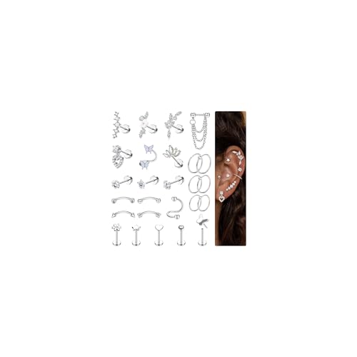 Adramata 26Pcs Helix Piercings Chirurgenstahl Ohrringe Piercing Set Flatback Ohrstecker Ohr Piercing Helix Ring Knorpel Ohrringe Damen Gold Silber Conch Rook Tragus Piercing Ohr Schmuck von Adramata