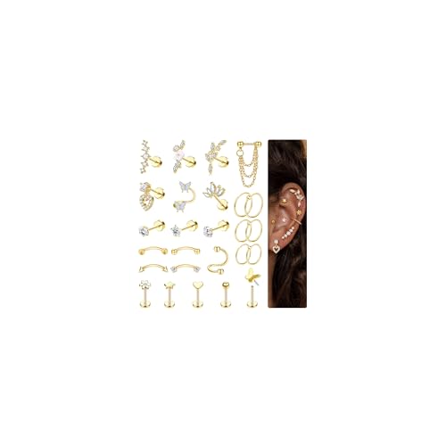 Adramata 26Pcs Helix Piercings Chirurgenstahl Ohrringe Piercing Set Flatback Ohrstecker Ohr Piercing Helix Ring Knorpel Ohrringe Damen Gold Silber Conch Rook Tragus Piercing Ohr Schmuck von Adramata