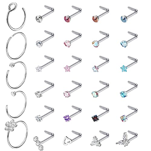 Adramata 29Pcs 20G Nasenpiercing Stecker CZ Nasenring Chirurgenstahl Nasenpiercing Glänzendes Nasenstecker Schmetterling Nose Piercing Silber Nasenstecker Nasenpiercing Schmuck für Damen Herren von Adramata