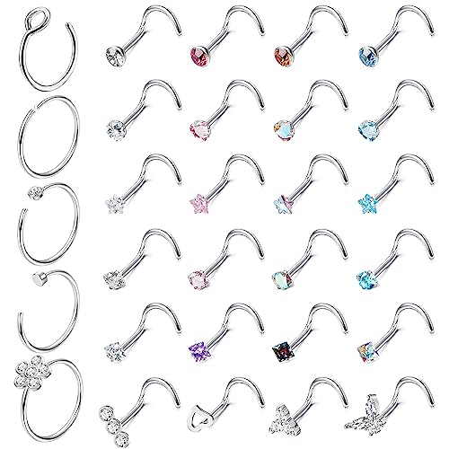 Adramata 29Pcs 20G Nasenpiercing Stecker CZ Nasenring Chirurgenstahl Nasenpiercing Glänzendes Nasenstecker Schmetterling Nose Piercing Silber Nasenstecker Nasenpiercing Schmuck für Damen Herren von Adramata