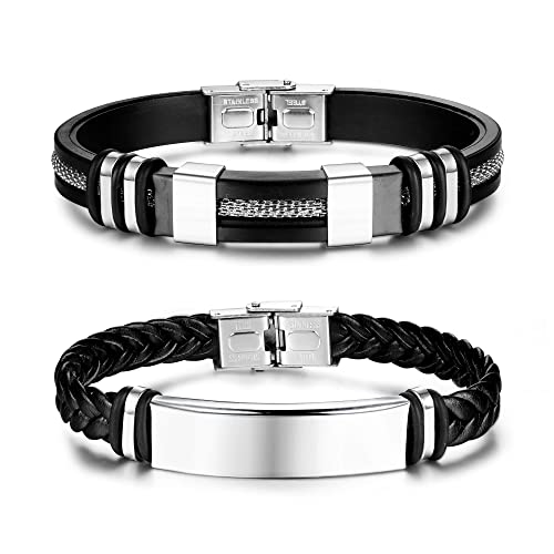 Adramata 2Pcs Armband Herren Personalisiert Lederarmband Herren Armband Silikon Schwarz Edelstahl Verstellbar Armreif Manschette Armband Herren Schmuck Geschenk von Adramata