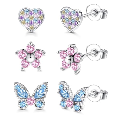 Adramata 3 Paar Ohrringe Silber 925 Mädchen Damen Hypoallergene Ohrringe Kleine Stern Blumen Schmetterling Herz Ohrringe Set Ohrstecker Silber 925 Kinder Ohrringe für Mädchen von Adramata