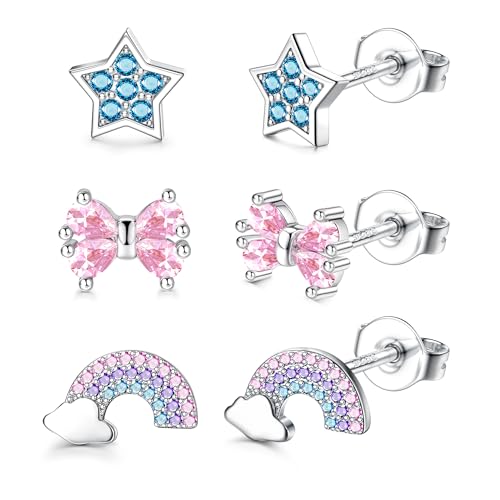 Adramata 3 Paar Ohrringe Silber 925 Mädchen Damen Hypoallergene Ohrringe Kleine Stern Blumen Schmetterling Herz Ohrringe Set Ohrstecker Silber 925 Kinder Ohrringe für Mädchen von Adramata