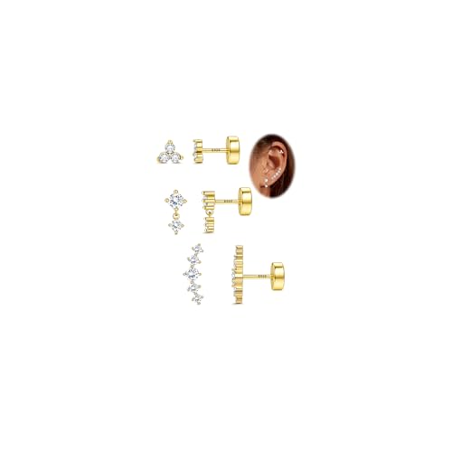 Adramata 3 Paare Ohrringe Silber 925 Set Klein Ohrringe Damen Flatback Ohrstecker Silber 925 Knorpel Ohrring Tragus Helix Piercings Gold Ohrringe Stecker von Adramata