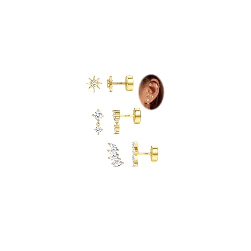 Adramata 3 Paare Ohrringe Silber 925 Set Klein Ohrringe Damen Flatback Ohrstecker Silber 925 Knorpel Ohrring Tragus Helix Piercings Gold Ohrringe Stecker von Adramata