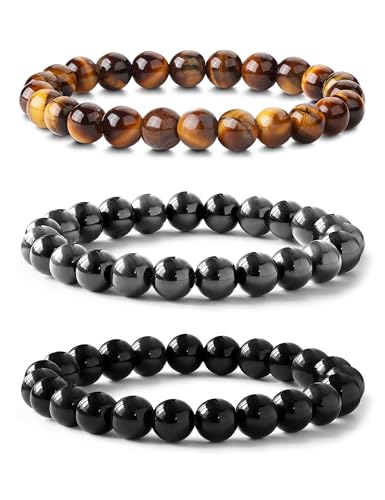 Adramata 3 Stück 8mm Natürliche Edelstein Armband Set für Damen Herren - Chakra Schutz Stapelbar - Tigerauge/Schwarzer Obsidian/Hämatit Perlen von Adramata