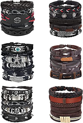 Adramata 30Pcs Lederarmband Herren Verstellbares Herren Armband Ethnische Tribal Armbänder Evil Eye Armbänder Totenkopf Armbänder Braun Schwarz Seil Armbander Set Leder Armbander für Herren Damen von Adramata