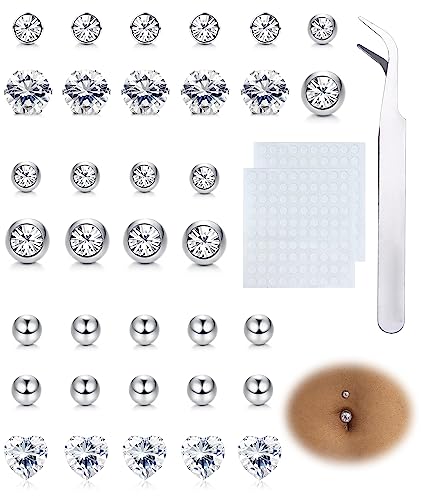 Adramata 35 Stück Fake Bauchnabelpiercing Set, Chirurgenstahl CZ Bauchnabelpiercing Ohrlippe Augenbraue Nase Nicht Piercing Körper Edelsteine Strass Aufkleber Fake Bauchnabelpiercing Silber von Adramata