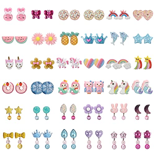 Adramata 36Pairs Ohrringe für Mädchen Damen Nette Hypoallergene Ohrringe Set Kunststoff Ohrringe mit Edelstahl Post Mädchen Kinder Ohrstecker Set Einhorn Blume Mädchen Ohrringe für Kinder von Adramata