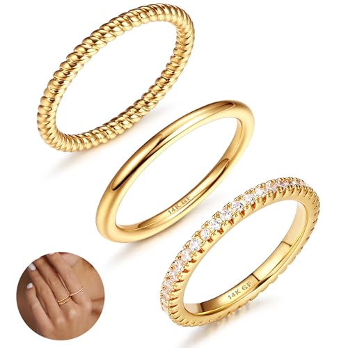 Adramata 3Pcs Ringe Frauen Gold 14 Karat Gold Gefüllte Ringe Set Stapelbare Daumenring Dünner Fingerring Einfacher Bandring Verlobungsring Engagement Ringe Damen Gold Ring für Damen Mädchen von Adramata