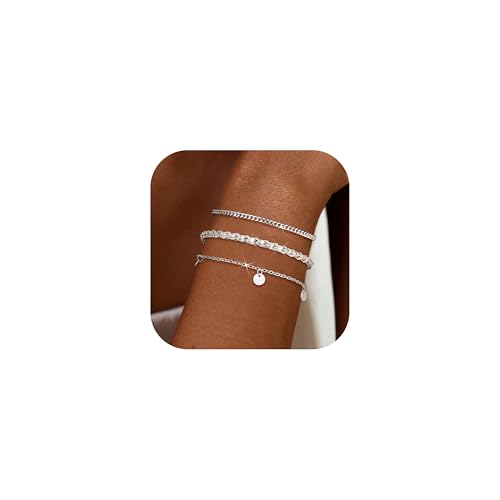 Adramata Armband Damen Silber 925 Karabinerverschluss Verstellbare Armkette Stapelbar Armbänder Set Schlangenkette Armbänder für Frauen Damen Silber Armband Schmuck mit Geschenkbox von Adramata