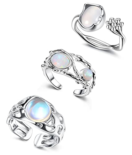 Adramata 3Pcs Y2K Ringe für Damen Mädchen Einstellbare Mondstein Ring Set Coole Punk Ringe Y2K Zubehör Gothic Ringe Opal Süße Chunky Ringe Vintage Hippie Ringe Silber Damen Ringe Y2K Schmuck,B von Adramata