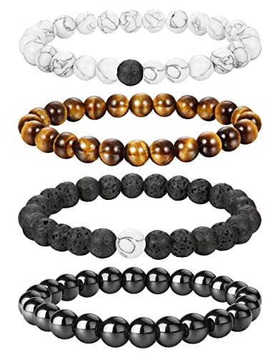 Adramata 4 Stück Herren Armbander Damen Perlen Armband Yoga Armband Naturstein Armband Tigerauge Stretch Armbänder Angst Armbander für Herren Damen Geschenk für Herren von Adramata