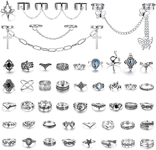 Adramata 54 teiliges Vintage Silber Knöchel Rings Set für Damen und Herren, Gothic Punk Cool Kettenringe, stapelbar, Gelenk, Boho Ringe, Fingerringe für Damen von Adramata