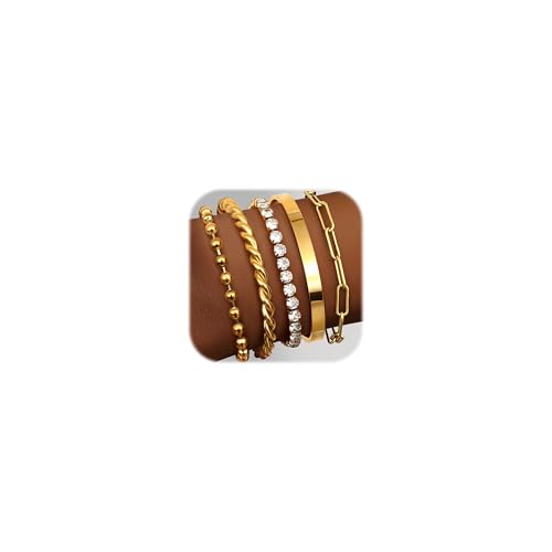 Adramata 5Pcs Armband Damen 14K Vergoldet Armbander Edelstahl Ketten Armbänder Set Twist Schlange Armkette Damen Verstellbar Armband Set Armreif Armband Silber Rosegold Gold Armband für Damen Frauen von Adramata