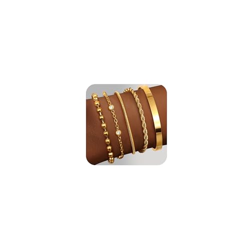 Adramata 5Pcs Armband Damen 14K Vergoldet Armbander Edelstahl Ketten Armbänder Set Twist Schlange Armkette Damen Verstellbar Armband Set Armreif Armband Silber Rosegold Gold Armband für Damen Frauen von Adramata
